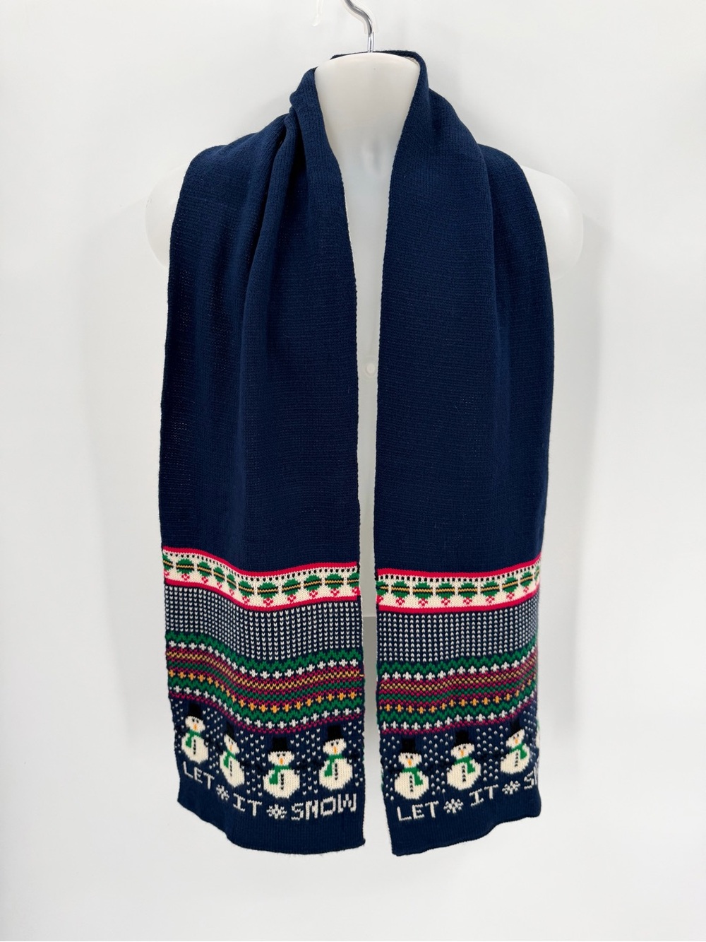 Christmas Scarf Snowman Navy Blue Knit Let it Snow Fair Isle Classic Kmart 70"